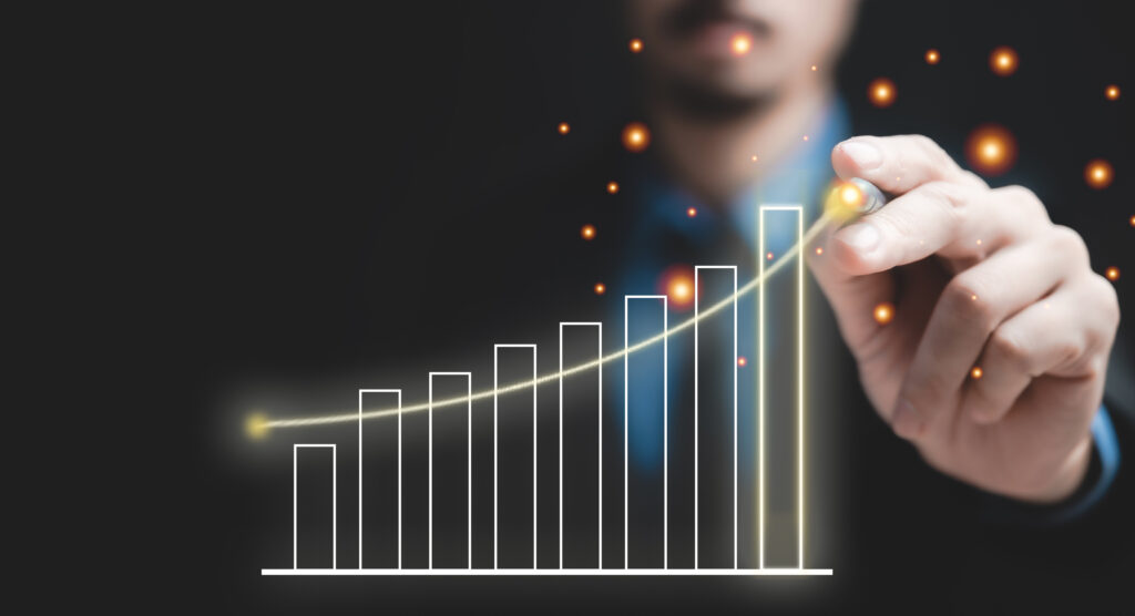 panoramic banner background of business success concept, business hand showing marketing growth strategy graph with creative graphic chart of investment finance analysis diagram concept